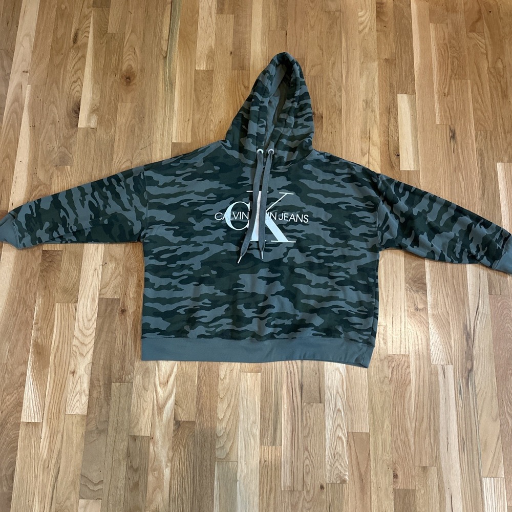 Calvin Klein Hoodie Womens 2XL Green Fleece Camo Boxy Hooded Sweatshirt